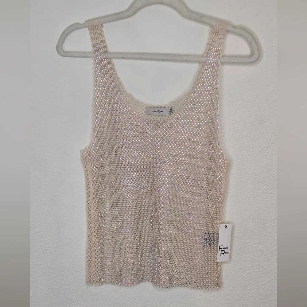 Faded Rose Mesh And Rhinestone Cream Tank Top - Size Medium - Picture 3 of 16